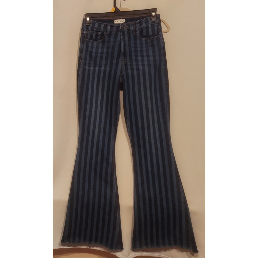 Cello Womens High Rise Striped Denim Flare Jeans Raw Hem Size 28 (or 29)
